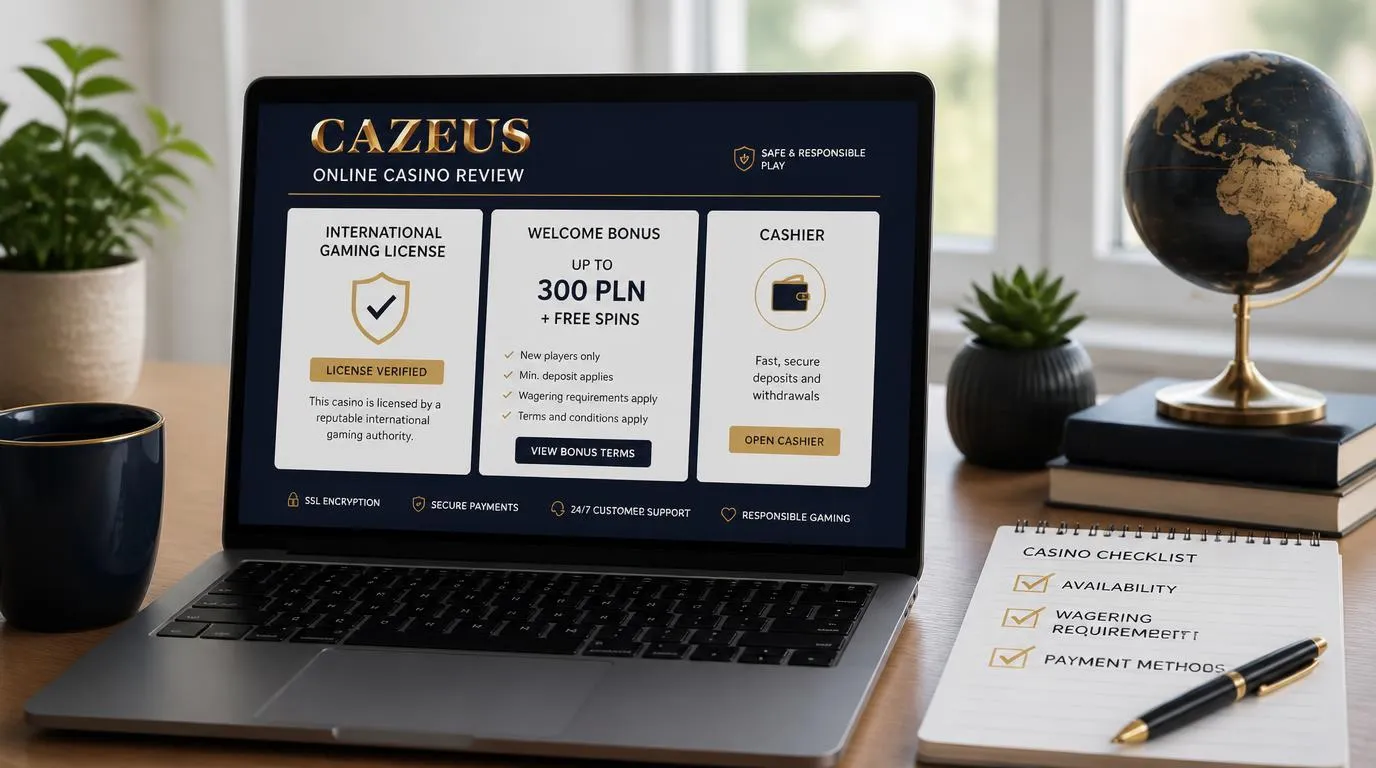 Ekran kasyna z sekcją licencji, warunkami bonusu powitalnego i przyciskiem prowadzącym do kasy
