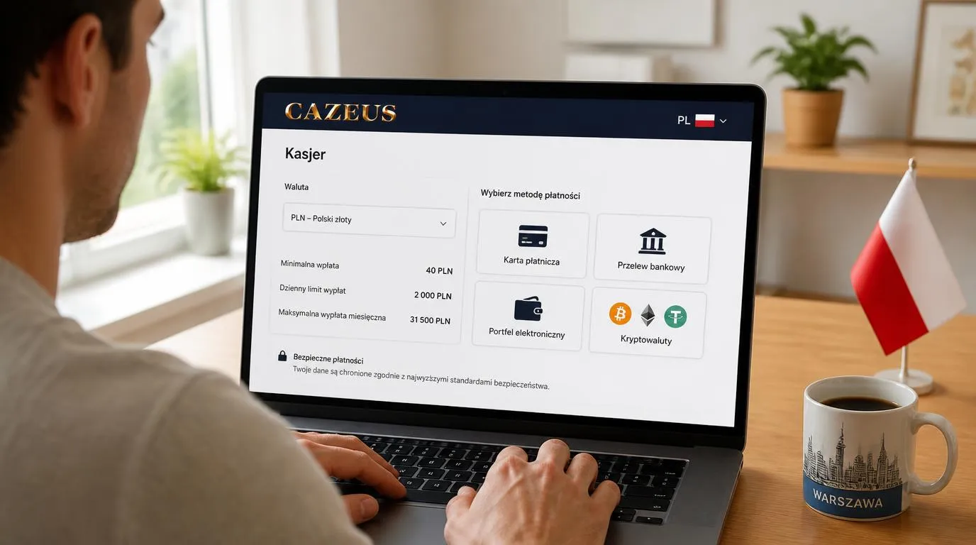 Widok kasy online z wyborem płatności, walutą PLN oraz informacją o wpłacie i limitach wypłat
