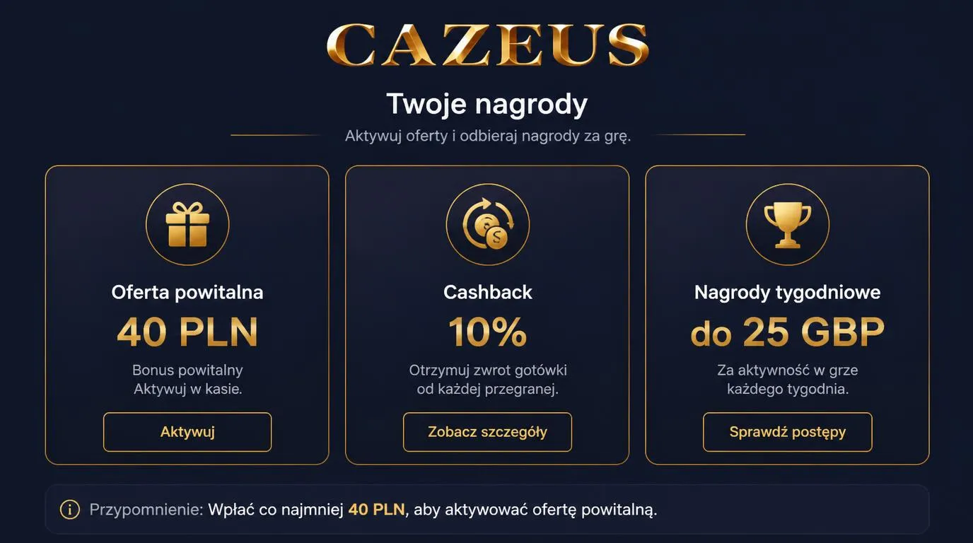 Ekran z zestawieniem bonusu powitalnego, cashbacku i nagród tygodniowych w różnych walutach